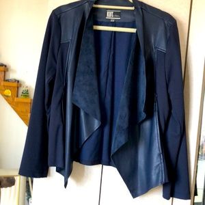 Navy blue knit jacket with faux leather trim